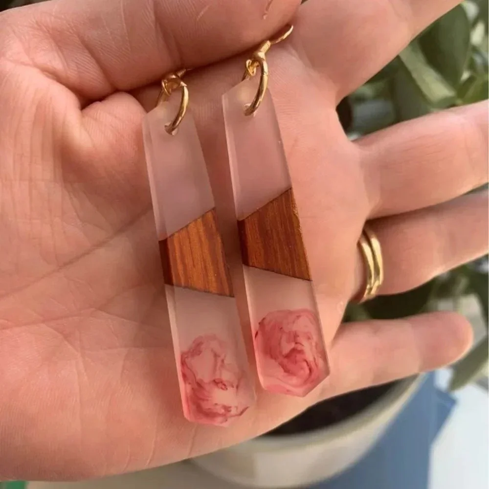 Brand new wood and resin smokey pink dangle drop earrings